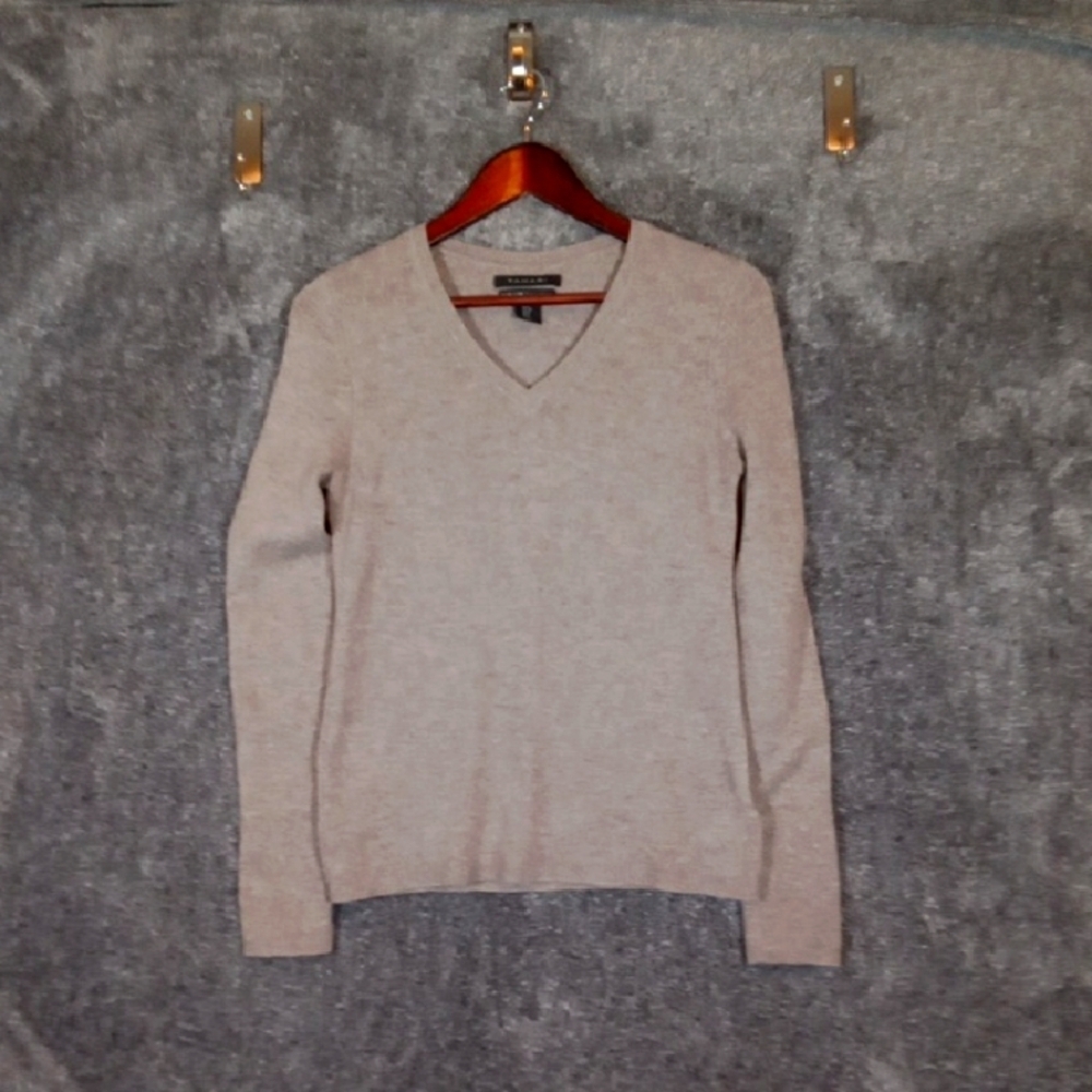 Tahari Pure Luxe Cashmere Taupe V Neck Sweater Long Sleeve Womens Small